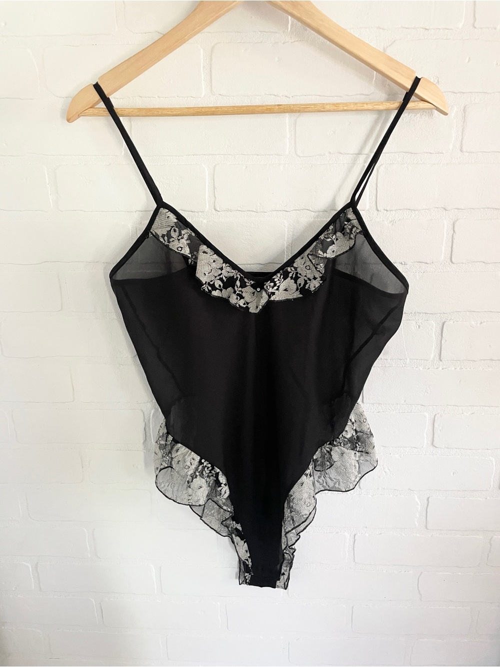 Y2K Sheer Lace Trim Déshabillé Bodysuit Black Bone Montelle Size 34B/34C